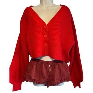 Edikted Valentine Red Sabrina Chunky Knit Cropped Cardigan. Size M